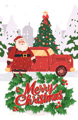 Santa Claus Christmas scene snowy landscape festive. Santa stands by a red car with a decorated tree in the background surrounded by snowflakes and holly