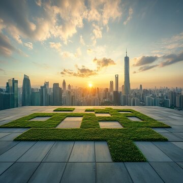 Green Energy District implementation, dawn, aerial perspective