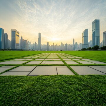 Green Energy District implementation, dawn, aerial perspective
