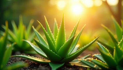 Fototapeta premium Sunlit aloe vera plant in field