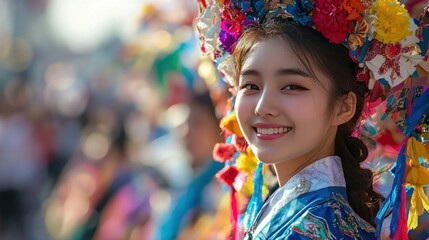 Fototapeta premium Smiling Woman in Vibrant Traditional Asian Costume at Festive Parade