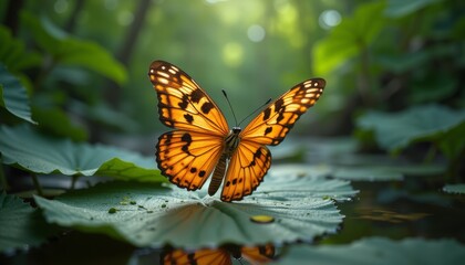 Obraz premium Butterfly resting on lily pad in pond