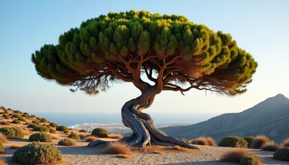 Ancient tree with twisted trunk on desert hill