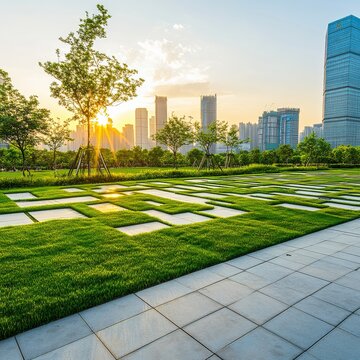 Green Energy District implementation, dawn, aerial perspective