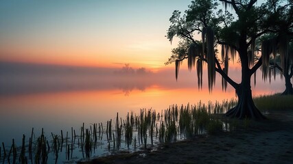 Naklejka premium Misty dawn over Caddo Lake Texas with cypress knees and Spanish moss, foliage, peaceful