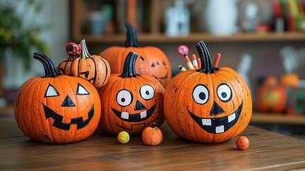 Creative pumpkin decorations using markers, paint, and craft materials, arranged in a fun, festive Halloween display.