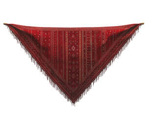 a red and gold fringed shawl