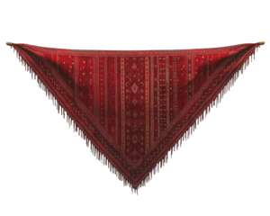a red and gold fringed shawl