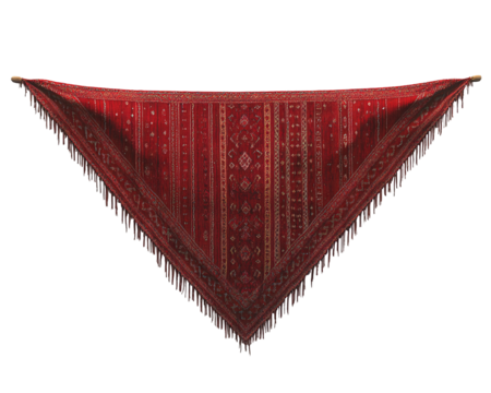 a red and gold fringed shawl
