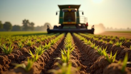 A tractor planting seeds in a field