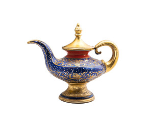a blue and gold teapot