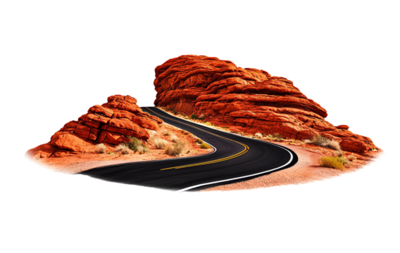Curved road passing through stunning red rock formations, isolated background.