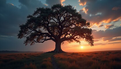 Naklejka premium Sunset silhouette of an old tree in a field