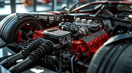 Fototapeta premium Close-Up Exploration of a High-Performance Sports Car Engine's Detail