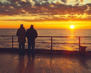 Fototapeta premium Elderly Couple Gazing at Ocean Sunset from Ship Deck – Exploration and Connection in Golden Light