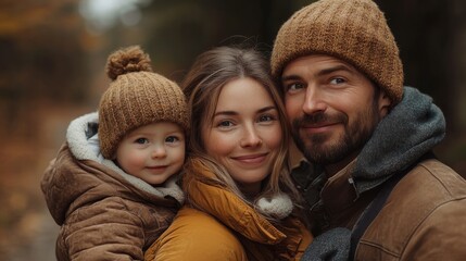 Smiling family enjoying a walk in a forest, dressed warmly in cozy autumn attire. A joyful moment of togetherness.