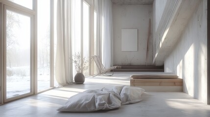 Serene minimalist interior featuring large windows overlooking a snowy landscape, creating a peaceful and airy ambiance.