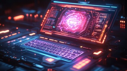 Obraz premium Futuristic laptop with a glowing interface displaying a futuristic logo.