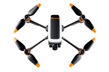 Drone with four propellers on a white isolated background.