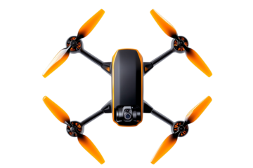 Drone with orange propellers, isolated on white background.