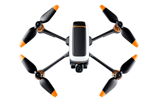 Drone with four propellers on a white isolated background.