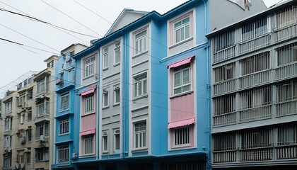 Obraz premium Elegant residential building exterior with colorful decorative details and urban streetscape charm.