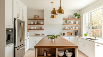 A bright kitchen with matte white cabinets, brass pendant lighting, and a large island with a wooden countertop, featuring geometric open shelving and sleek appliances.