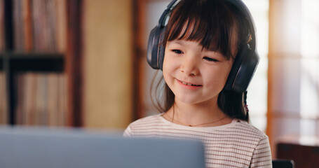 Elearning, video call and child with laptop, headphones and education for girl, listening and smile. Home, happy and online class for kid, studying and scholarship for youth, communication and Japan