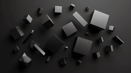 A black and white abstract image with black geometric shapes on a black background.