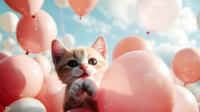 Playful Ginger Cat Surrounded by Soft Pink Balloons Against a Beautiful Sky with Fluffy Clouds, Capturing a Joyful and Whimsical Moment of Delight and Happiness
