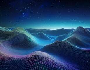 Futuristic wireframe landscape with undulating hills under a starry sky
