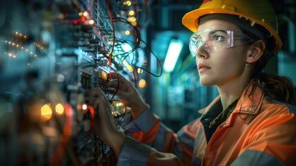 Licensed female electrical engineer checking electrical circuit for high current and voltage,