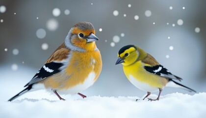 Fototapeta premium Two colorful birds on snowy ground