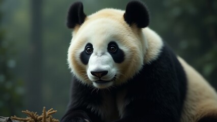 Naklejka premium Create a captivating close-up of a giant panda, focusing on its black and white fur, gentle eyes, and playful expression. The background should be blurred, evoking serenity and warmth.