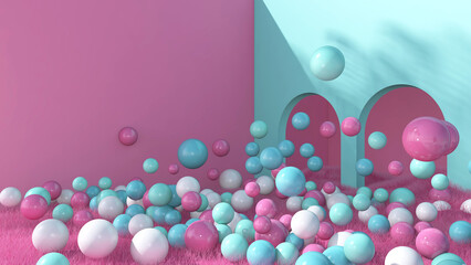 Colorful balloons flying in the room. 3D illustration, 3D rendering	
