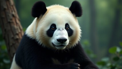 Obraz premium Create a captivating close-up of a giant panda, focusing on its black and white fur, gentle eyes, and playful expression. The background should be blurred, evoking serenity and warmth.