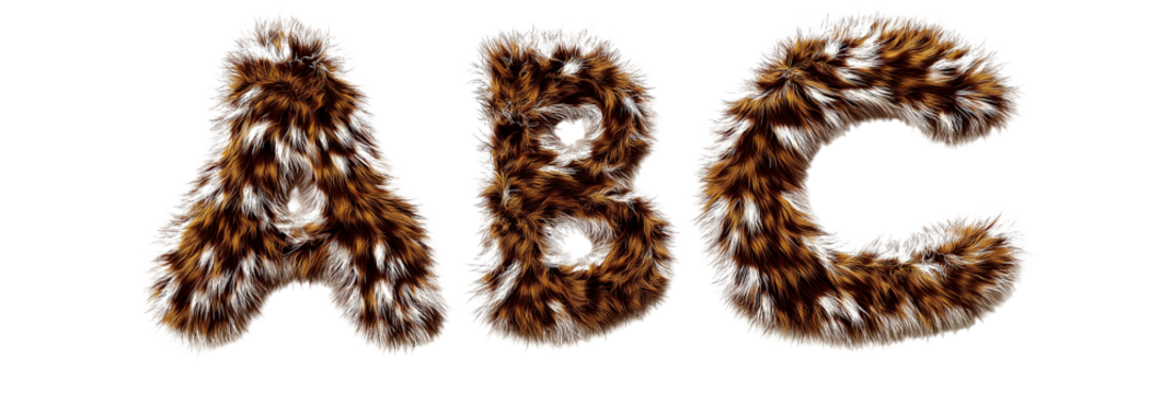 Fuzzy brown letters A, B, and C on a white isolated background.