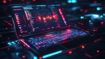Obraz premium Futuristic laptop with glowing red and blue lights displaying data and code on its screen.