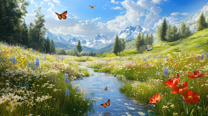 meadow with flowers and lake