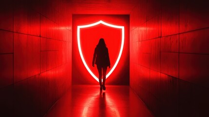 Fototapeta premium Silhouette of a person standing before a glowing red shield.