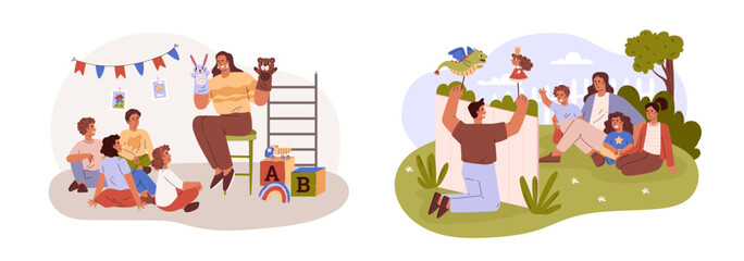 A collection of vector illustrations depicting a family puppet theater in a flat style