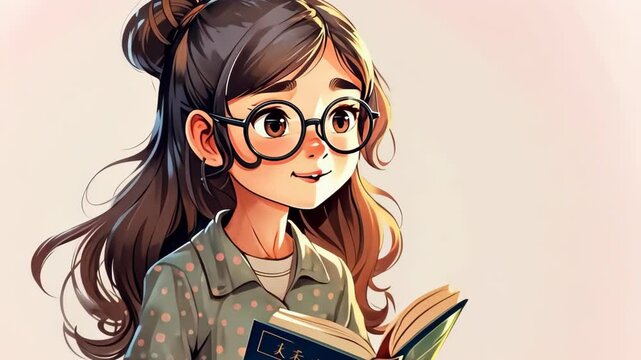 Cute young woman reading book anime style background. 