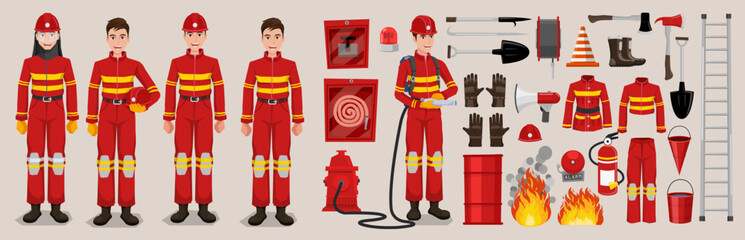Profession Firefighter Vector Icons Set with Firefighters Equipment