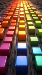 Colorful Cubes on Dark Wood, A Vibrant Abstract Background Image
