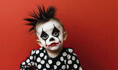 A cute toddler with a black mohawk hairstyle and clown makeup on their face is dressed in checkered red and black