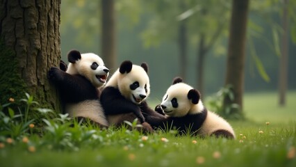 Fototapeta premium Capture the playful spirit of panda cubs climbing, rolling, and tumbling in a lush bamboo forest. Their innocent joy and energetic movements are illuminated by soft natural light.