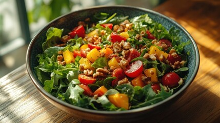 A close-up view of a fresh salad with mango, cherry tomatoes, walnuts, and arugula in a blue bowl.