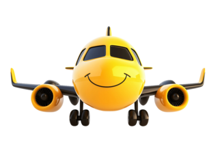 Smiling yellow airplane with a friendly face, isolated on white background.