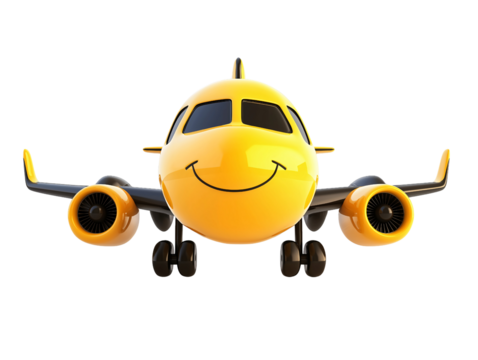 Smiling yellow airplane with a friendly face, isolated on white background.