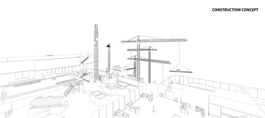 Building crane on the Architecture background. Perspective 3d vector.